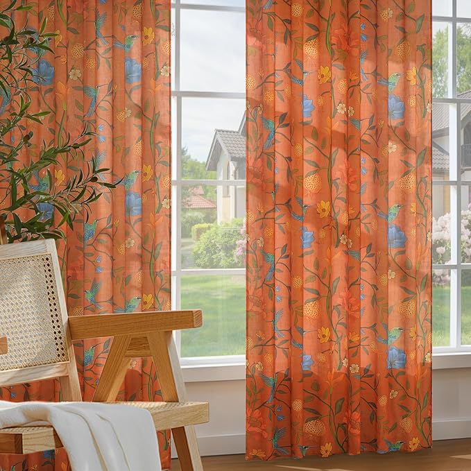 72 Inch Boho Floral Curtains Tropical Bird Print Linen Semi Sheer Window Drapes - Image 6
