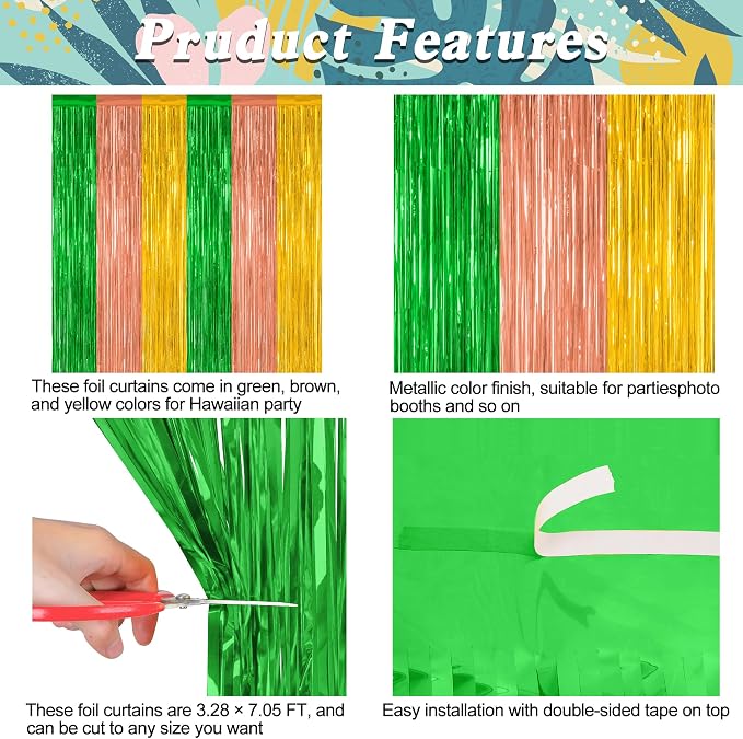 ZATAYE 12 Pack Green Brown Yellow Hawaiian Luau Foil Curtain Decorations | - Image 4