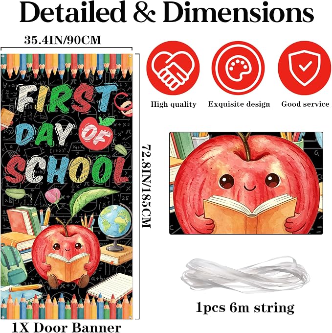 First Day of School Banner, 6.1 x 3 ft Happy Back to School Apple Door Cover - Image 2