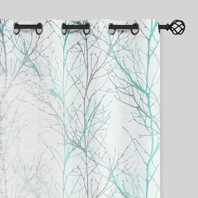 FMFUNCTEX Linen Aqua Blue White Semi Sheer Print Curtains 96 Inch 2 Panels | by Fmfunctex