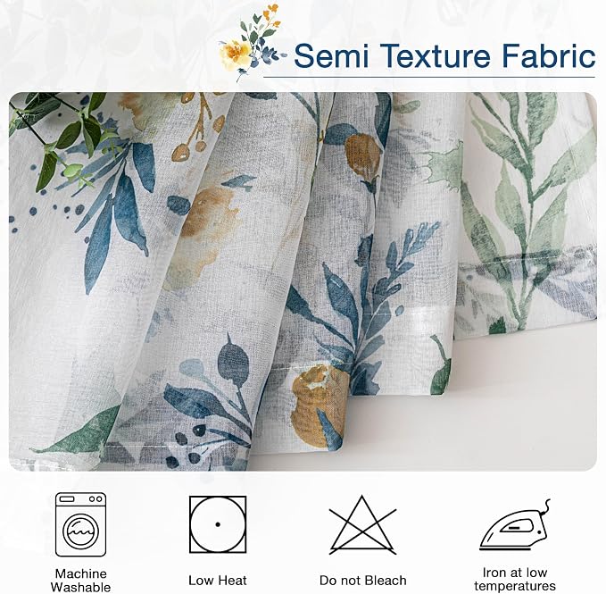 MYSKY HOME Yellow and Blue Floral Sheer Kitchen Curtains 45 Inch Length | Light - Image 7