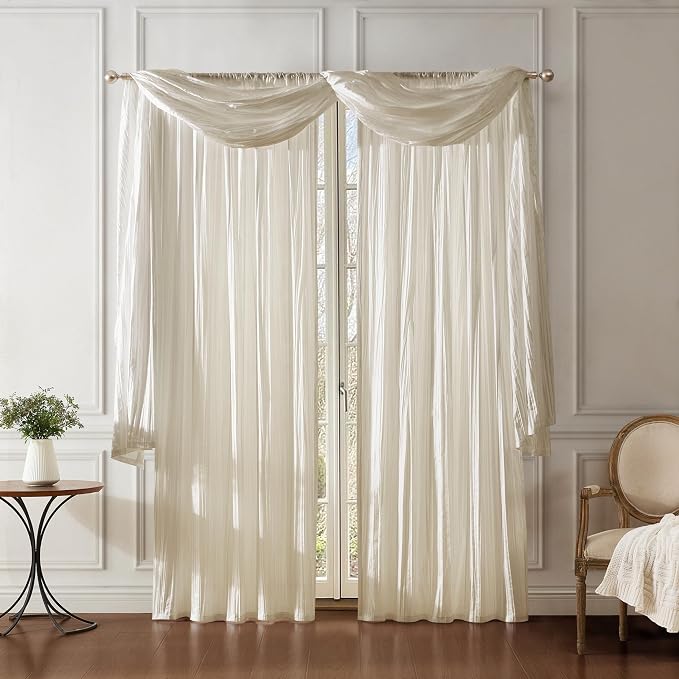 Athena Faux Silk Window Curtain and Scarf Set, Ivory - Image 8