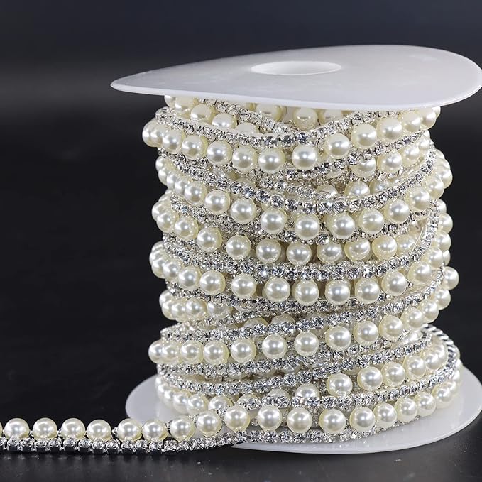 Jerler Rhinestone Trim Applique 5 Yards 2 Rows Crystal Chain Banding Diamond Inlaid White Pearl Beaded Rhinestones for Crafts Clothing and Bridal Embellishments Wedding Ideas Christmas Decorations