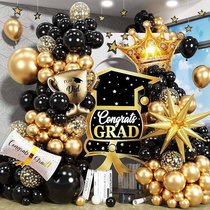 Graduation Decorations Class of 2025 Black and Gold Balloons Arch kit by Jobkoo