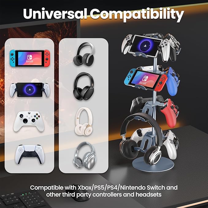 4 Tier Aluminum Alloy Game Controller Stand, Rotatable Gaming Controller Headset Holder Compatible with PS5 Xbox Nintendo Switch PS4, Controller Headphone Stand Organizer Rack for desk, Grey