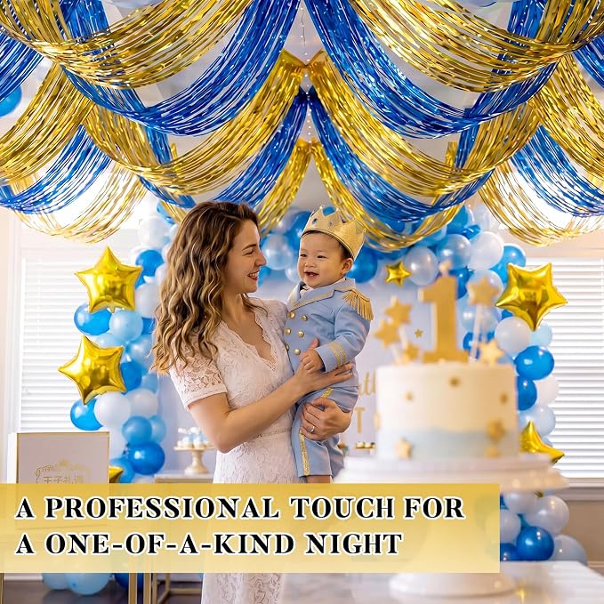 4 Pcs 15ft Gold Blue Metallic Foil Ceiling Fringe Curtains, Fringe Drapes - Image 6