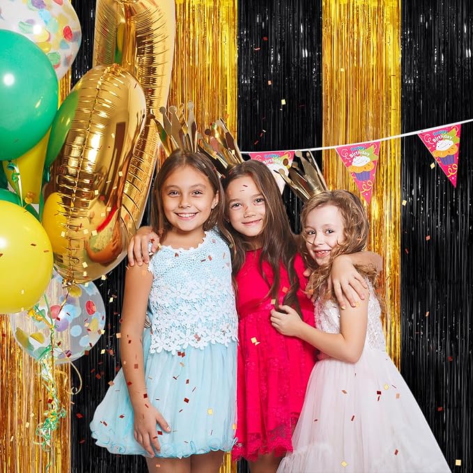 Black Gold Metallic Tinsel Foil Fringe Curtains, 2 Pack 3.3x8.3 Feet Party - Image 6