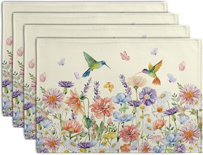 Flowers Bird Spring Summer Placemats Set of 4 Watercolor Floral Hummingbird by Wnoesat