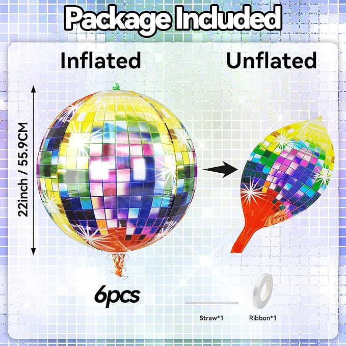 6pcs 22 Inch Multicolor Disco Ball Balloons, Rainbow Big Disco Balloons - Image 2