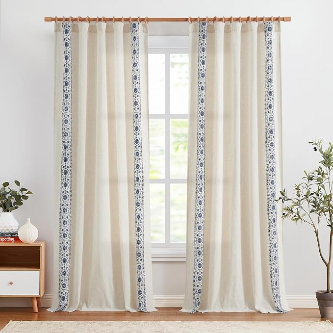 jinchan Floral Linen Curtains Embroidered Back Tab 50x108in 2 Panels Blue | - Image 3