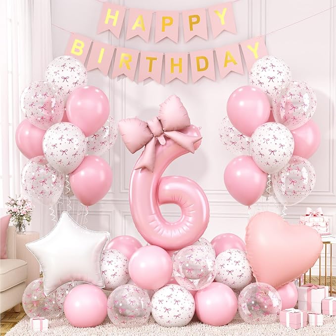 6th Pink Bow Birthday Decorations, 6th Birthday Balloon | Pink White Pastel Bow by Xinvery