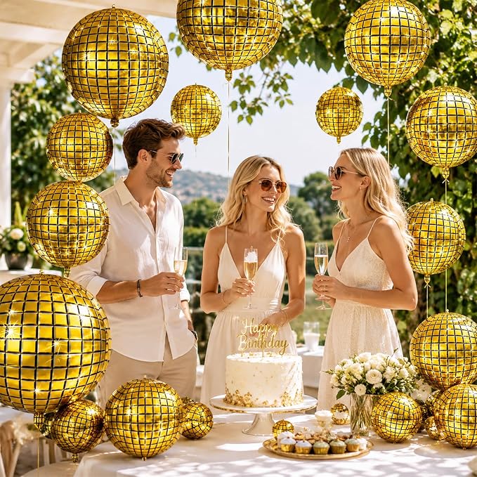 12Pcs Disco Ball Balloons Gold, Giant Metallic Gold Disco Foil Balloons - Image 4