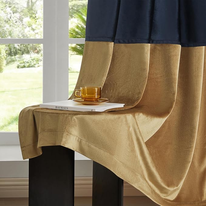 Blue Gold Velvet Blackout Curtains Luxury Decor 120 inches, Color Block | - Image 5