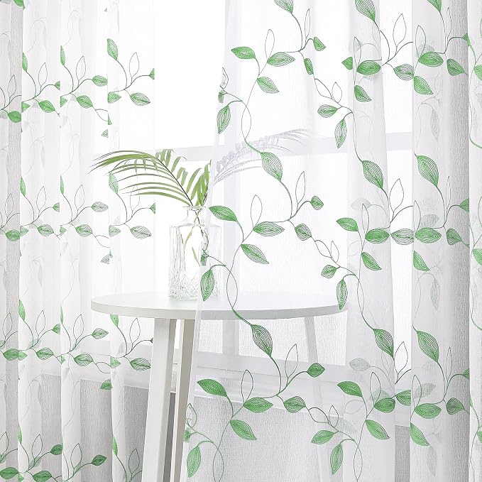 Tollpiz Green Leaf Sheer Curtain Bedroom 54 x 95 Inches | Leaves Embroidered - Image 2
