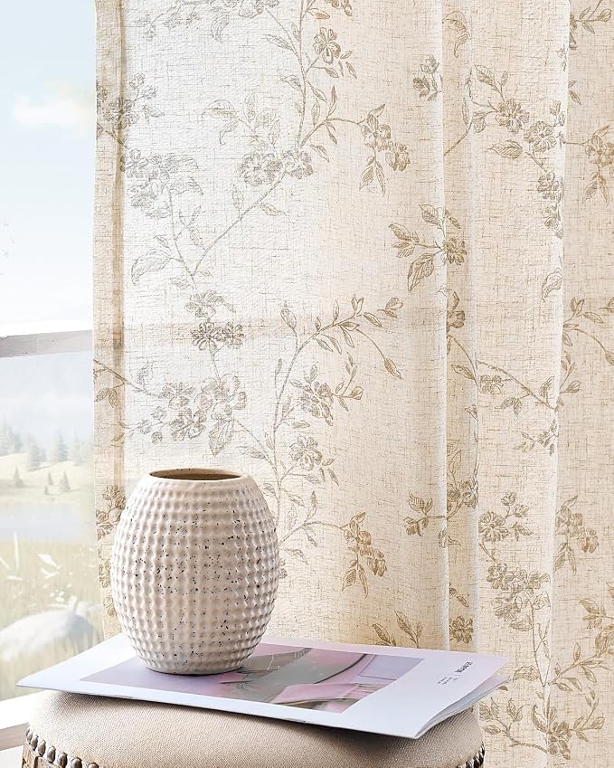 jinchan Taupe Floral Linen Curtains 96 Inch Farmhouse Back Tab 2 Panels | - Image 5