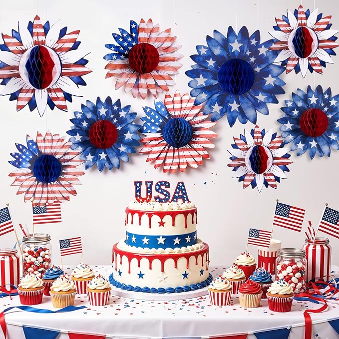 SUNBEAUTY 4th of July Patriotic Decorations Red White Blue Hanging Honeycomb - Image 5