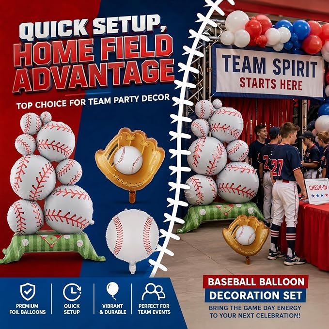 6 Pcs Baseball Party Ballon 2 Packs Self Standing Baseball Foil Balloons - Image 2