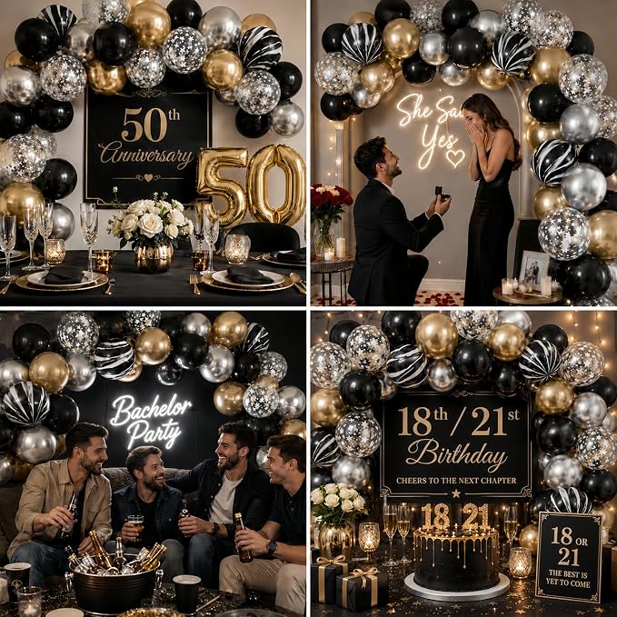 Black Gold Silver Balloon Set, 12 Inch Marble Black and Metallic Chrome Gold - Image 8