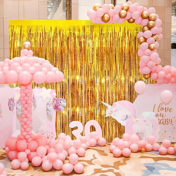 Gold Metallic Tinsel Foil Fringe Curtains, 2 Pack 3.3x8.3 Feet Party Streamer - Image 3