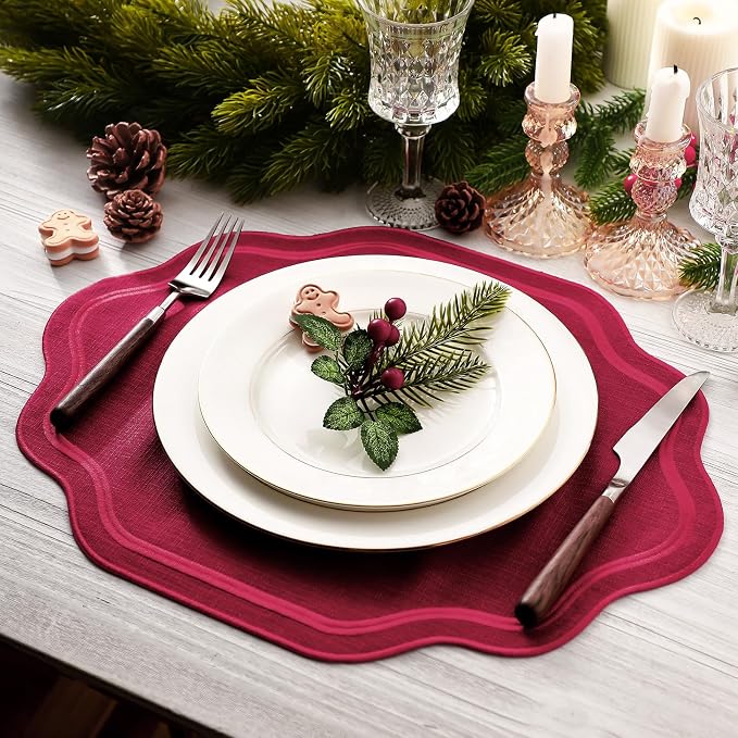 6 Pcs Wine Red Wedding Placemats Scalloped Embroidered Cotton Linen Placemats - Image 2