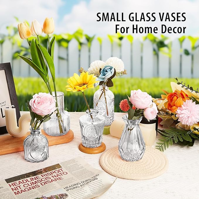 Glass Bud Vase Set of 12, Clear Bud Vases in Bulk, Small Flower Vases for Table Centerpieces, Mini Vintage Vases for Rustic Wedding Party, Bridal Shower, Home Decoration (12 Pack)
