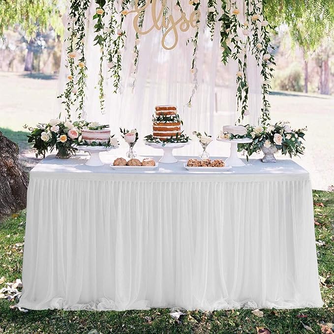 9ft Table Skirt White Tulle Tablecloth Tutu Table Skirt for Wedding Bridal Baby Shower Birthday Party Cake Dessert Buffet Banquet Decorations
