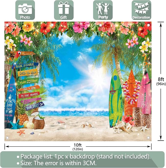 10x8ft Summer Hawaiian Beach Photography Tropical Luau Backdrop | Flower Palm - Image 4