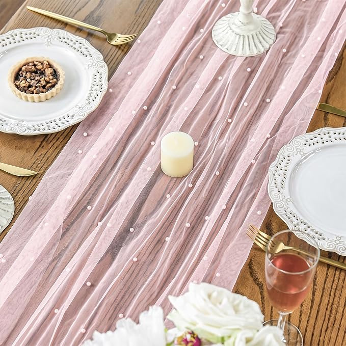Artoid Mode Pearl Pink Gauze Table Runner 120 Inch 10FT, Seasonal Sheer Dining - Image 4