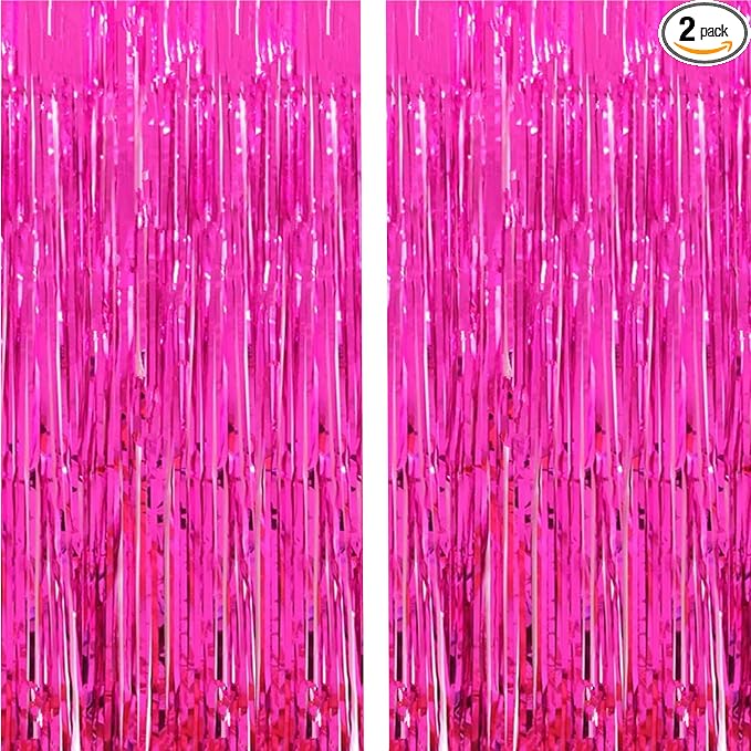 2 Pcs 3.2ft x 8.2ft Shiny Hot Pink Metallic Tinsel Foil Fringe Curtains Photo by i-CHONY