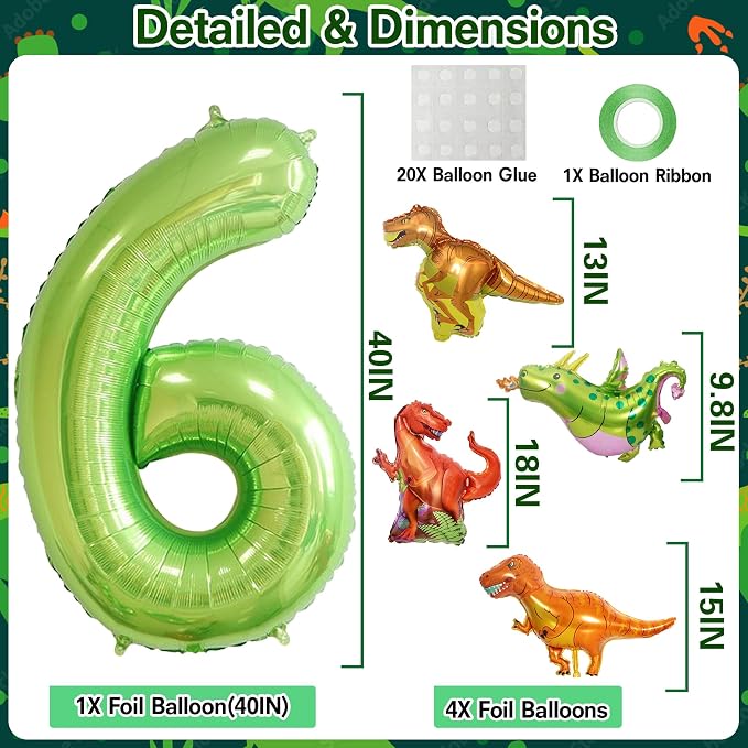 Dinosaur 6th Birthday Decorations 40 Inch Giant Green Number 6 Foil Balloon | - Image 2