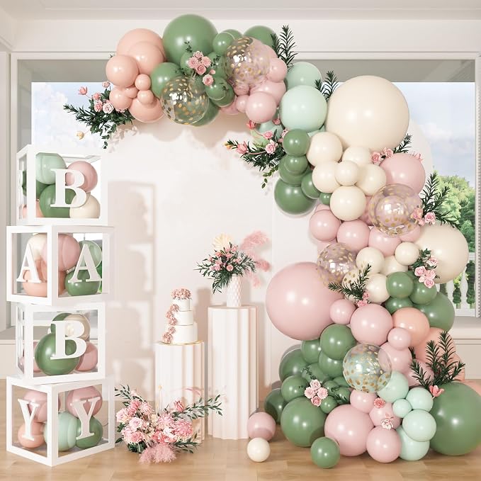 153Pcs Pink and Sage Green Balloon Baby Shower Decorations by Amandir