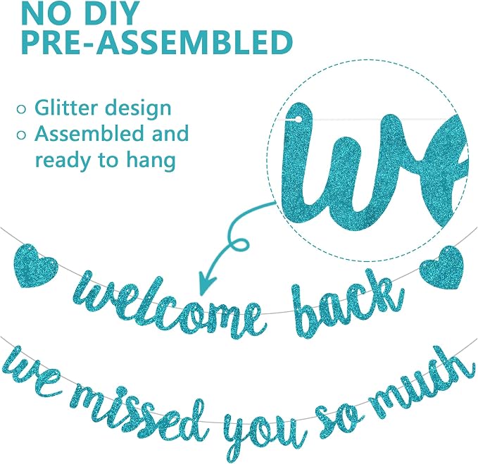 Glitter Lake Blue Welcome Back We Missed You So Much Banner NO DIY | Pre-Strung - Image 2