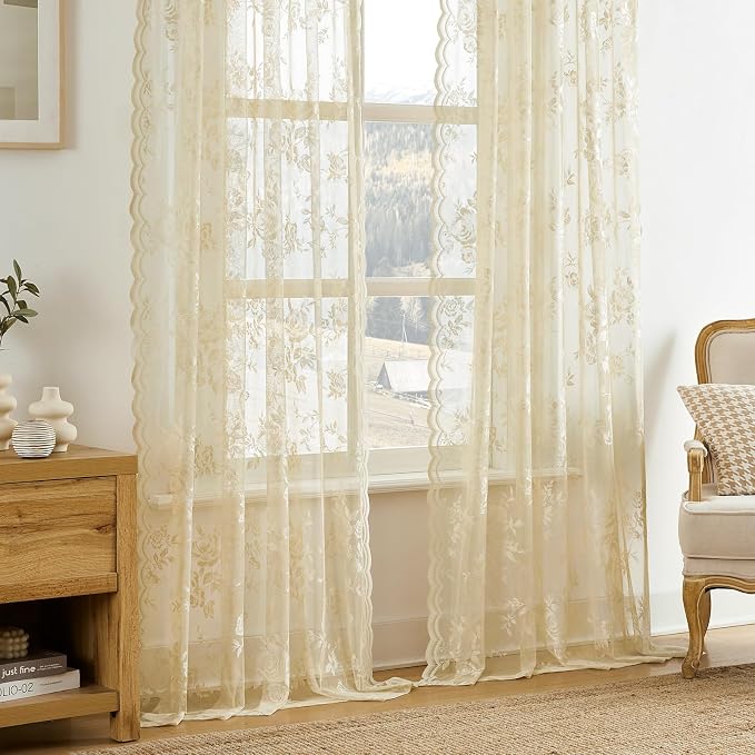 Beige Lace Curtains 120 Inches Long 2 Panels Vintage Floral Sheer Curtains - Image 2