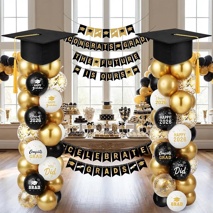 Thenshop 2 Sets Graduation Balloon Column Stand Kit 2026- Black Gold Balloon - Image 6