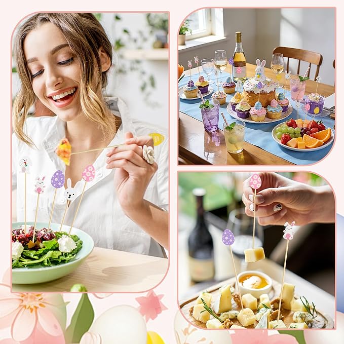100 Pcs Easter Cocktail Picks, 4.7 Inch Rabbit Bunny and Eggs Toothpicks - Image 6
