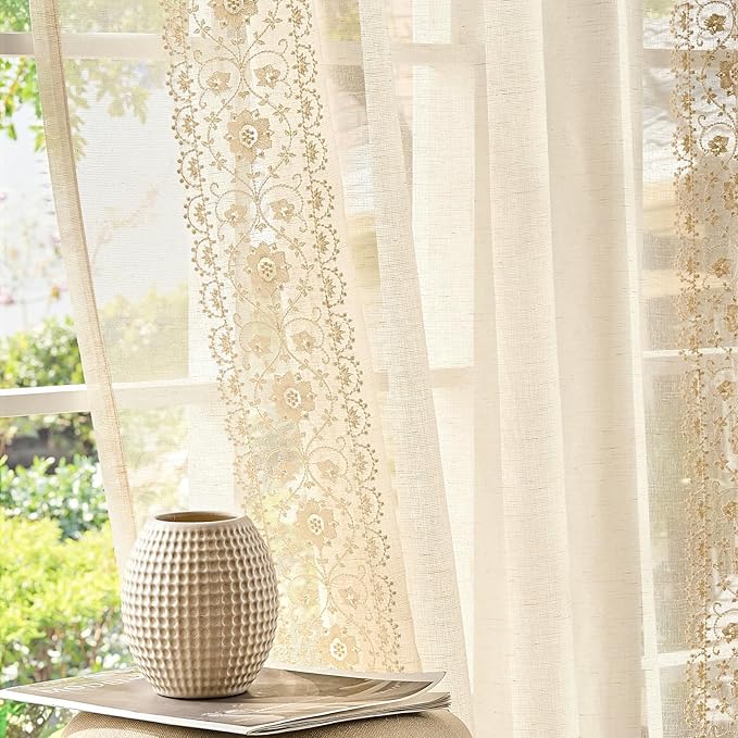 jinchan Floral Sheer Linen Curtains, Back Tab 50x96 Inch, 2 Panels Ivory | Semi by JINCHAN