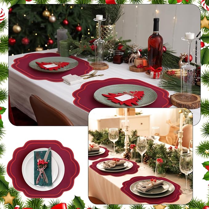 6 Pcs Wine Red Wedding Placemats Scalloped Embroidered Cotton Linen Placemats - Image 4