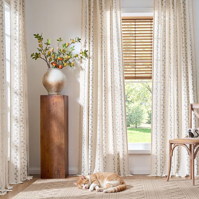Cathy Blue Linen Floral Curtains 84 inches Long Semi Sheer Drapes 2 Panels - Image 4