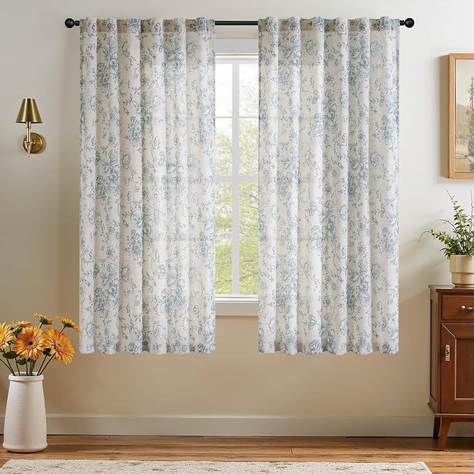 jinchan Blue Floral Linen Curtains 45 Inch Vintage Back Tab 2 Panels | Light - Image 6