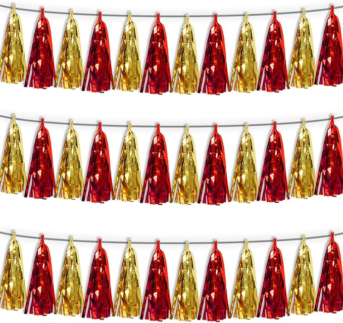 3P Red Gold Tassel Banner Garland Metallic Foil Fringe Banner Tinsel Tassels by FENGNIAN