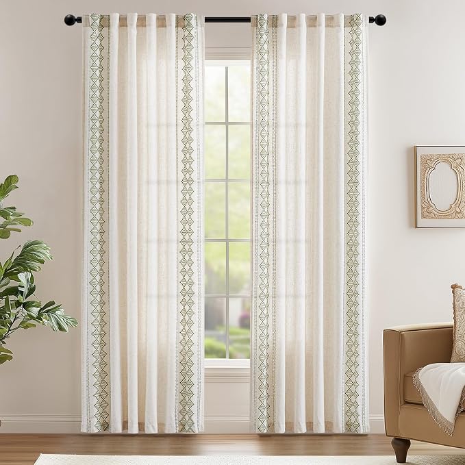 jinchan Floral Linen Curtains Embroidered Back Tab 50x84in 2 Panels Green | - Image 2