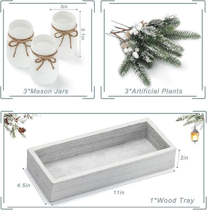 Mason Jars by Winter White, White Centerpieces & Wood Tray, 3 Decorative Jars for Home Table Decor, Farmhouse Dining Table & Kitchen Decorations