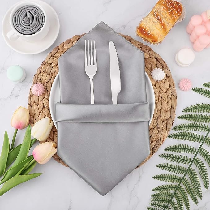 Aneco 24 Pieces Satin Napkin Square 20 x 20 Inches Dinner Napkins Weddings Party Napkin Soft Table Napkins for Romantic Weddings Party Dinner Decoration (Silver)