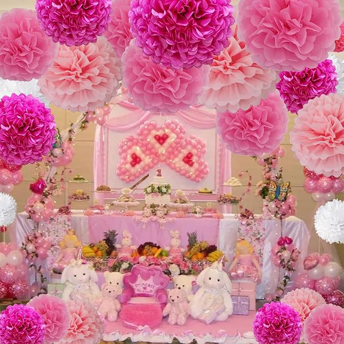 Hot Pink and Pink Hanging Tissue Paper Pom Poms - Image 2