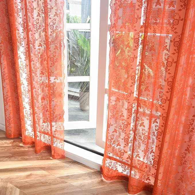 Burnt Orange Sheer Lace Curtains Rustic Leaf Floral 52 x 80 Inch 2 Panels | Rod - Image 6