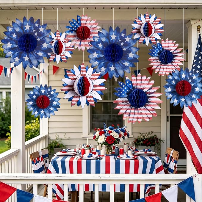 SUNBEAUTY 4th of July Patriotic Decorations Red White Blue Hanging Honeycomb - Image 2