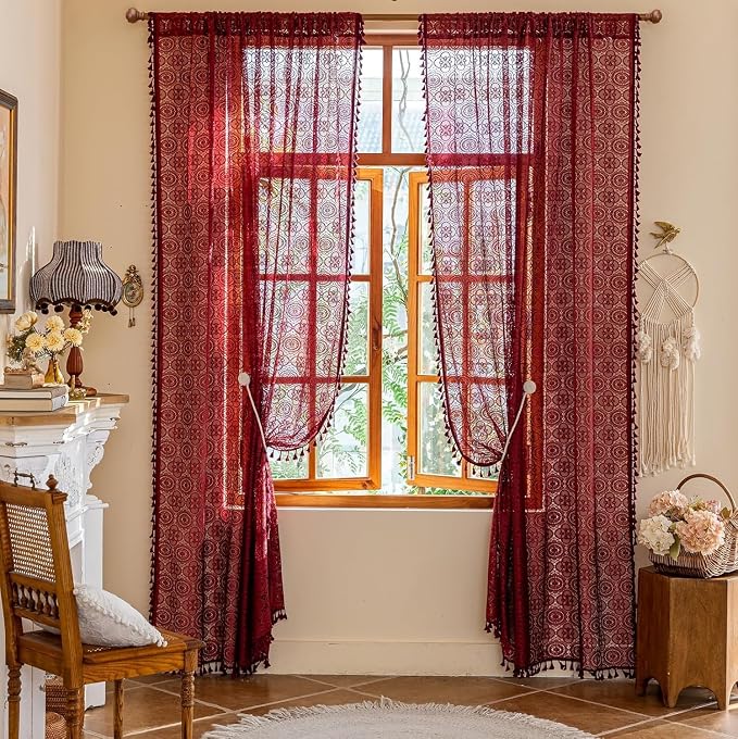 Burgundy Boho Lace Curtains, Wine Red Sheer Window Panels | Extra Long Crochet - Image 2