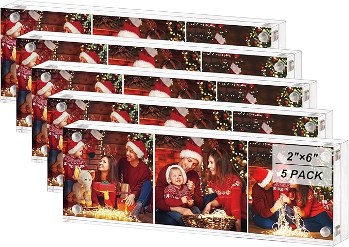 Boxalls 2x6 Inches Acrylic Picture Frames - 5 Pack, Clear Frameless 2x6 Photo Frames with Magnetic, Double Sided Transparent Desktop Frame (5 Pack)
