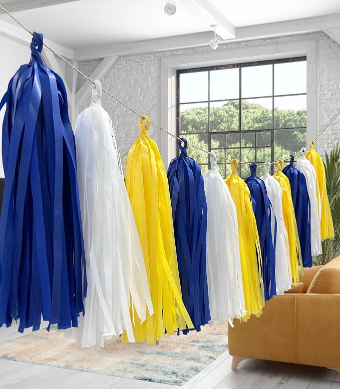 15pcs Royal Blue Yellow and White Paper Tassel Garland Banner, Tissue Paper - Image 4