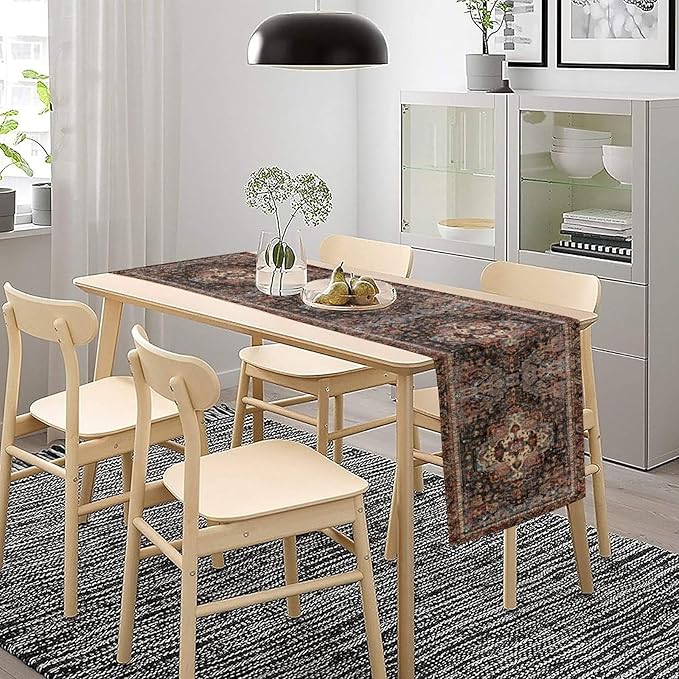 Vintage Boho Floral Table Runner, Rustic Country Farmhouse Black Bohemia Flower Pattern for Home Kitchen Table Decor Dining Coffee Room Party Decor 13x72in
